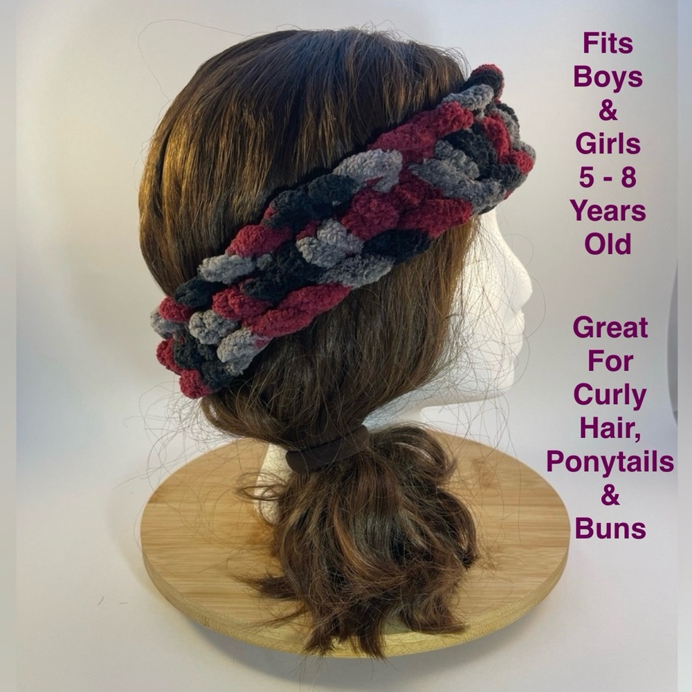 Handmade Kid’s Super Soft & Cozy Winter Headband/Ear Wrap - Cranberry/Gray/Black